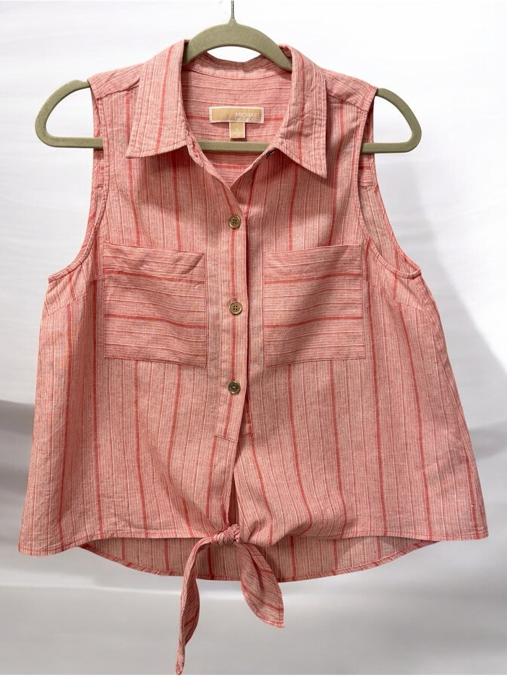 Michael Kors Stripe Sleeveless Tie-Front Linen Shirt